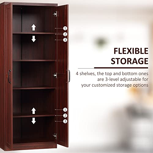 HOMCOM 63" 2-Door Kitchen Pantry, Freestanding Storage Cabinet with 5-tier Shelving and 2 Adjustable Shelves for Dining Room, Cherry Wood Color HOMCOM