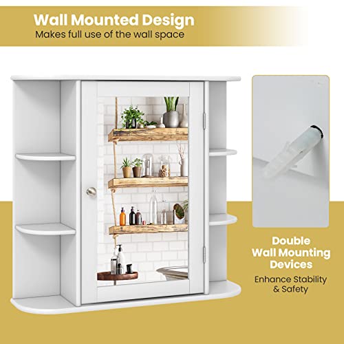 Tangkula Bathroom Medicine Cabinet with Mirror, Wall Mounted Bathroom Storage Cabinet w/Mirror Door & 6 Open Shelves, Adjustable Shelves, Mirrored Bathroom Wall Cabinet (White) Tangkula