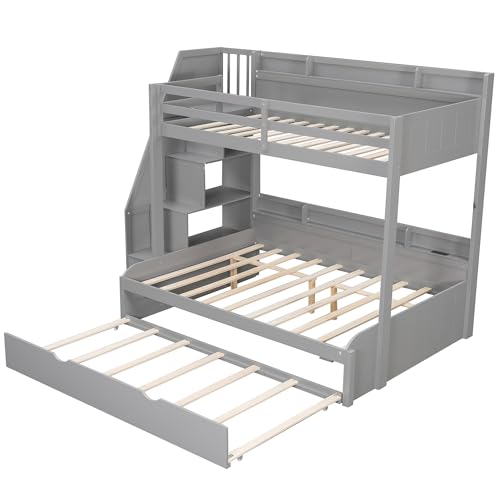 Merax Twin Over Full Bunk Bed Frame with Trundle & Storage Staircase, Wood Platform Bed with Storage Shelves & Guardrail & Charging Station for Bedroom Dorm Guest Room, No Box Spring Needed, Gray Merax