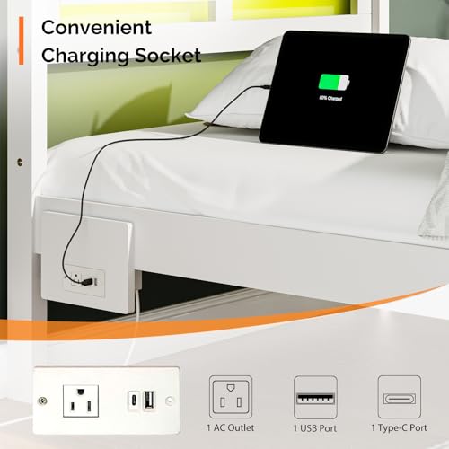 VINGLI Solid Wood Twin Bed Frame with LED Lights & USB Charging Station Single Platform Panel Bed with 40 Inches Tall Headboard for Kids,No Box Spring Needed,White VINGLI