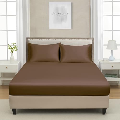 Queen Silk Satin Fitted Sheet, Soft Deep Pocket Single Bottom Bed Sheets Sold Separately, Wrinkle Free, Non- Fading, Breathable, Fully Elasticized(Queen Size, Brown) Lanest Housing