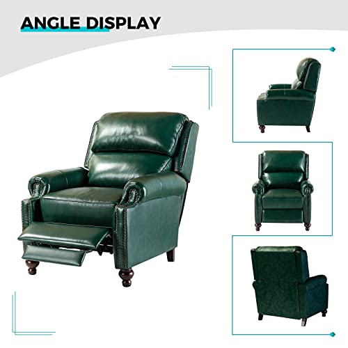 HULALA HOME Genuine Leather Wingback Recliner Chair with Thick Cushioned Seat, Traditional Push Back Leather Recliner with Nailhead Trim, Green
