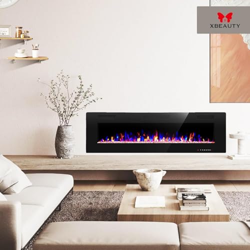 Xbeauty 50 inch Wall Mounted Recessed Electric Fireplace Insert, Ultra-Thin Lightweight LED Flush Mount Linear Fireplace Heater, Fit 2x4&2x6 Stud w/Touch Screen,Remote Control,750W-1500W,Black Xbeauty