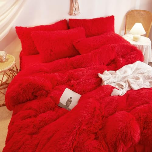 HAIHUA Plush Red Comforter Cover Queen Set, Soft Shaggy Faux Fur Red Bedding Queen Set 3 Pieces (1 Fluffy Duvet Cover + 2 Fuzzy Pillow Cases) Furry Bed Set, Zipper Closure HAIHUA
