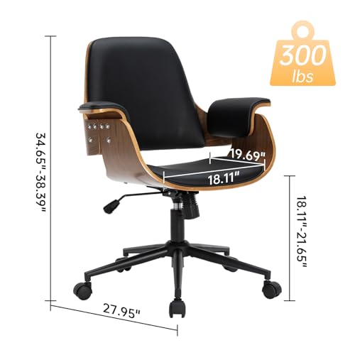 Mid Century Modern Home Office Chair,Ergonomic U-Shape Mid Back Executive Chair,Adjustable Height Swivel Computer Chair with Walnut Finish & PU Leather,Accent Chairs for Study Bedroom Workspace(Black) Soxiar
