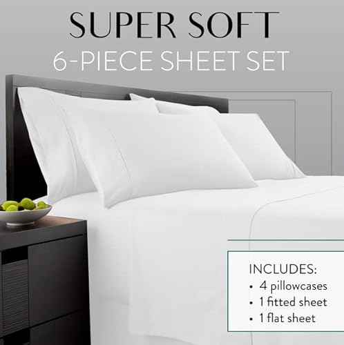 Danjor Linens Bed Sheet Set Queen Size for Hot Sleepers, Hotel Premium Sheets with 4 Pillowcases, Lightweight Brushed Microfiber Deep Pockets, Breathable Cooling 6 Piece Bedding Sets, White Danjor Linens