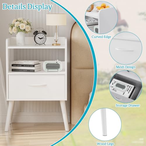 White Nightstand with Open Shelf,Small Night Stand Bedroom Bedside Table with Drawer Storage,Side Table End Table with Solid Wood Feet,Mid Century Night Stands for Office Home Sofa Couch(White) Huhote