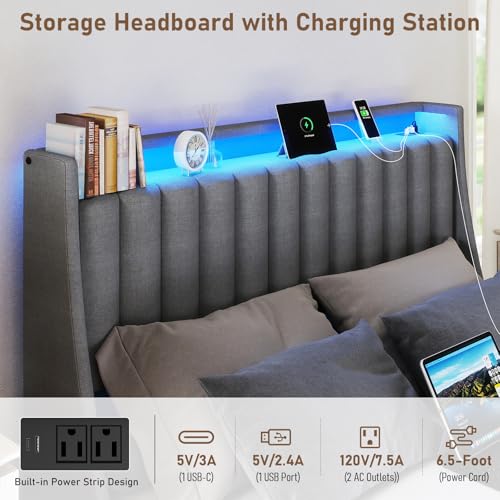 SADENICEL Full Size Bed Frame with Headboard and 2 Storage Drawers, Metal Full Bed Frame Platform with LED Light, Charging Station, No Box Spring Needed, Noise Free, Easy Assembly, Grey SADENICEL