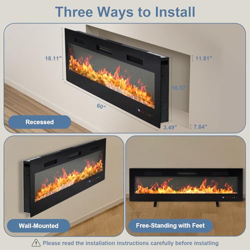 DUMOS 60" Freestanding Electric Fireplace, 1500W/750W Wall Mounted or Recessed Insert Fireplaces Heater with Remote Control,13 Adjustable Flame Color, 12H Timer, Touch Screen,Inky DUMOS