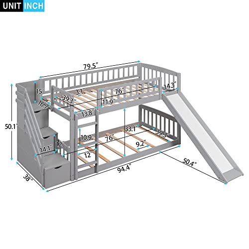 Ball & Cast Twin Over Twin Size Bunk Bed with Two Drawers and Slide,Wood Bunkbed w/Full-Length Guardrails & Storage Convertible Ladder,Space Saving,Slat Support,Bedframe for Child's BedroomGray Ball & Cast