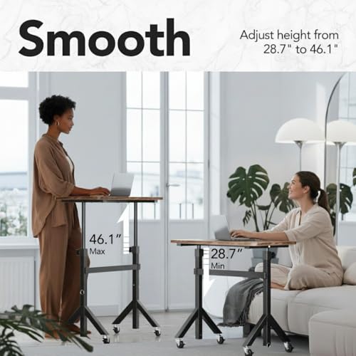 HUANUO 32'' Small Standing Desk with Wheels,28.7"-46.1" Heigh Adjustable Portable Rolling Desks,Mobile Stand Up Desk for Walking Pad and Treadmill,Sit to Stand Computer Workstation for Bedroom,Walnut HUANUO