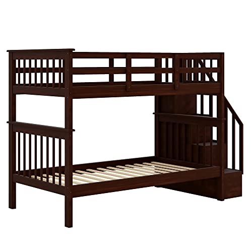 Ball & Cast Twin-Over-Twin Bunk Bed with Storage Ladder and Full-Length Guard Rail,Wood Bunkbed w/Slat Support,Space Saving,Bedframe Furniture for Student Dorms,Studio,Espresso Ball & Cast