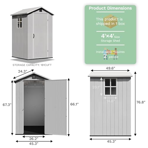 Greesum 4×4FT Plastic Outdoor Storage Shed with Floor, Resin Storaged Sheds with Lockable Door, Window & Vent, All-Weather Tool Sheds for Garden, Backyard, Patio, Light Gray (One-Piece Panel) Greesum