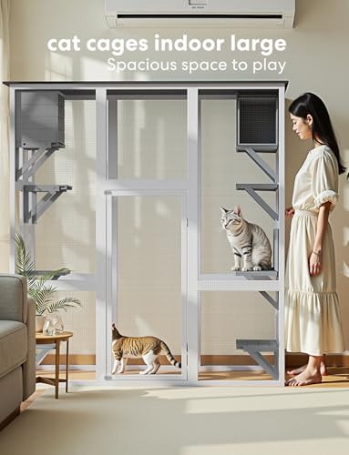 Mixcous Catio Outdoor Cat Enclosure, Large Kitty House Cat Condo Playpen with Platforms & Living House for Mulitiple Cats with Waterproof Roof 71", White Mixcous