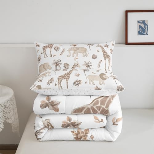Feelyou Jungle Animals Comforter Twin Size Elephant Lion Giraffe Animal Bedding Sets African Safari Animal Duvet Set for Kids Boys Girls Hunter Brown Rust Wildlife Down Quilt Feelyou