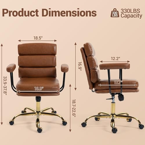 WiNVO Faux Leather Home Office Desk Chair, Gold Base Makeup Vanity Chair with Wheels, Padded Seat and Armrests, Adjustable Height Swivel Executive Computer Chair, Brown WiNVO