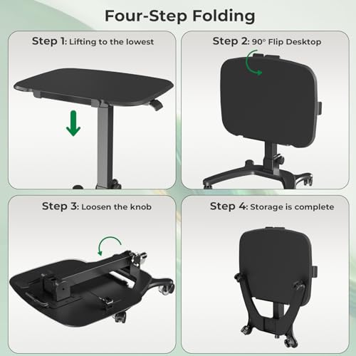 JYLH JOYSEEKER Foldable Mobile Standing Desk, 27"×21" Portable Rolling Laptop Cart with 90° Tiltable Board, Height Adjustable Mobile Desk Workstation with Wheels, Folding Table for Home Office, Black JYLH JOYSEEKER