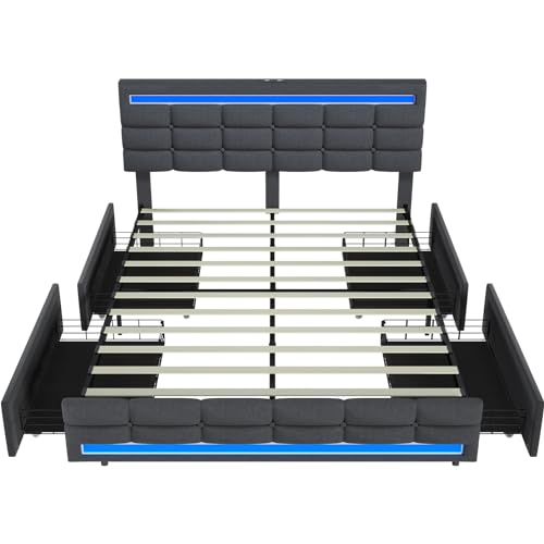 ADORNEVE Dark Grey Queen LED Bed Frame with 4 Drawers & USB Charging Station ADORNEVE