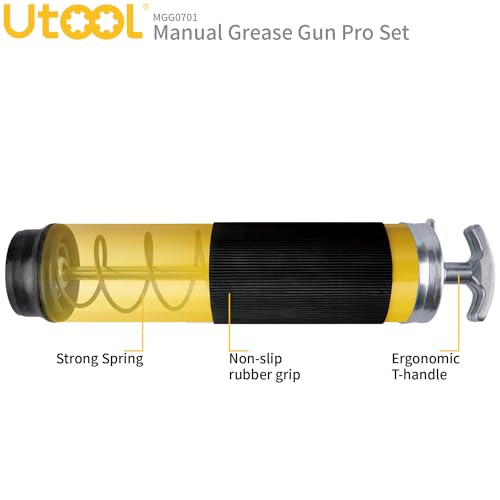 UTOOL Grease Gun, 8000 PSI Heavy Duty Pistol Grip Grease Gun Kit, 14 oz Capacity, 20 Inch Rubber Flex Hose, 1 Patented Double Handle Coupler, 1 Basic Coupler, 1 Needle Nozzle, 1 Hose Swivel, Yellow UTOOL