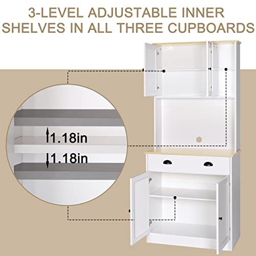 MUPATER 72'' Kitchen Pantry Cabinet Storage Hutch with Microwave Stand, Freestanding Pantry Buffet Cabinet with Adjustable Shelves, Cupboard and Drawer for Home, White MUPATER