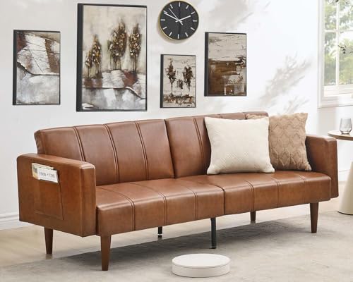 GOCAPTAIN 75" Convertible Futon Sofa Bed, Mid-Century Modern PU Leather Couch with Adjustable Backrest, Sleeper Loveseat with Side Pockets, Easy Assembly for Living Room & Guest Room (Brown) GOCAPTAIN