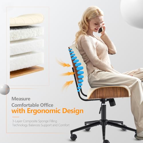 VINGLI Wide Curved Seat&Back Armless Home Office Chair,Ergoromic Adjustable-Height Desk Chair,Swivel&Tilting Function,Stylish Walnut Task Chair for Meeing Room,Dining Room,PU,Khaki VINGLI