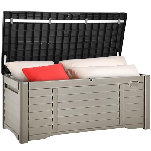YITAHOME 120 Gallon Large Outdoor Storage Deck Box, Waterproof Cushion Storage Bench with Lockable Lid for Patio, Pool Supplies, Garden Tools, Resin, Black & Brown YITAHOME