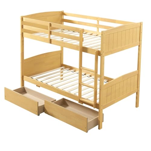 AMERLIFE Twin Over Twin Bunk Bed with Storage Drawers, Solid Rubberwood 2-in-1 Convertible Loft Beds with Ladders, Modern Detachable Bed Frame for Kids and Teens Bedroom, Natural Wood AMERLIFE