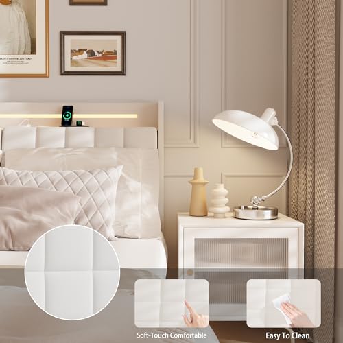 USHOW Floating Bed Frame King Size with Storage Headboard, Upholstered Bed Frame with LED Lights and Charging Station, No Box Spring Needed, Beige USHOW