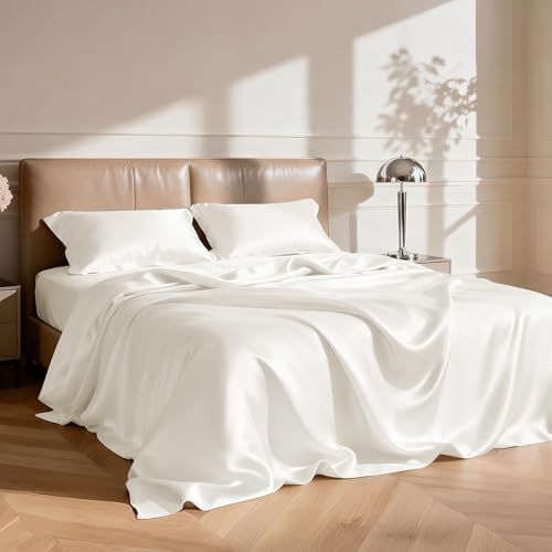 Love's cabin Full Size Satin Sheet Sets - 4 Piece Ivory Silky Sheet Set Full with Deep Pocket, Luxury Silk Feel Bed Sheets Full Bedding Set (1 Flat Sheet,1 Fitted Sheet,2 Pillow Cases) Love's cabin