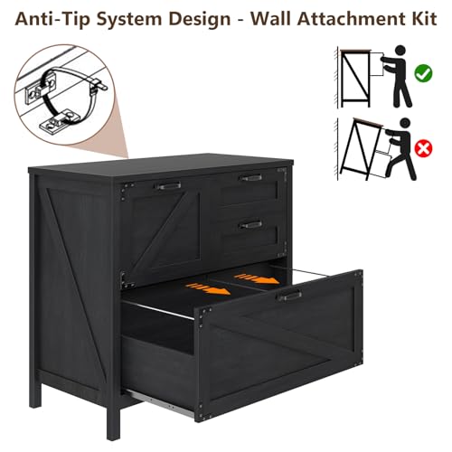 Lateral File Cabinet with 4 Drawers Farmhouse File Cabinet for Letter/Legal/A4 Size Hanging Files, Large Wood File Storage Cabinets Printer Stand for Home Office Cabinet, Black Halitaa