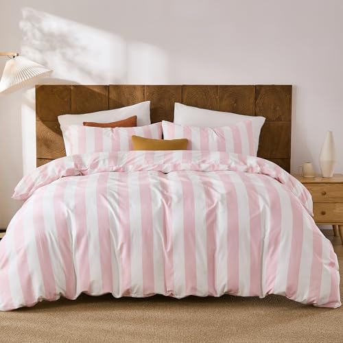 Merryword Pink and White Striped Duvet Cover Set King Size, 100% Cotton Bedding Set with Zipper Closure & 8 Corner Ties, Luxury Linen Like Bedding, Soft Breathable Comforter Cover for All Seasons Merryword