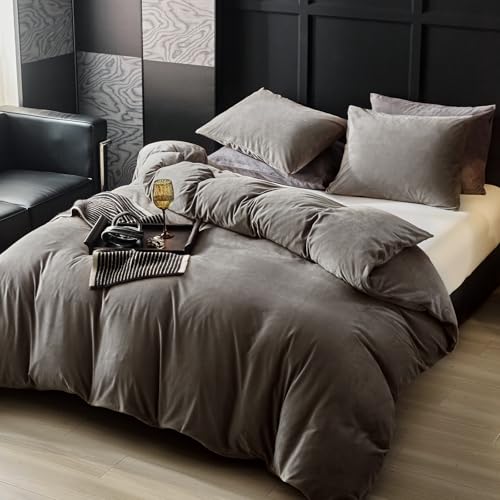WARMDERN Khaki Flannel Velvet Duvet Cover King Size Duvet Cover Bedding Sets, 3pcs Ultra Soft Luxury Textured Modern Crystal Velvet Duvet Covers with Zipper Closure(Khaki, King) WARMDERN