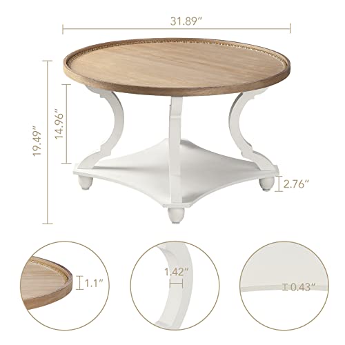 Wnutrees Farmhouse Round Coffee Table,Wood Tray Top Circle Coffee Table with Storage Shelf Rustic Style for Living Room and Vintage Finish,White Wnutrees