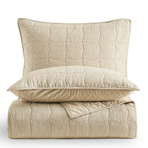 Wonderful Natural Linen Cotton Quilt - Skin-Friendly Breathable & Hypoallergenic Quilt King, 3 Piece Wavy Box Stitched Linen Bedding Set, All-Season Use Bedspread & Coverlet Bedding, 104"x94" Wonderful