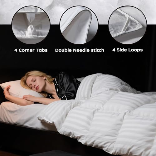 puredown® Goose Feather Comforter Full/Queen Size - All Season Duvet Insert, Ultra Soft Stripe 100% Cotton Shell Hotel Collection Comforters, 500 Thread Count with Ties (90x90'',Stripe White) puredown