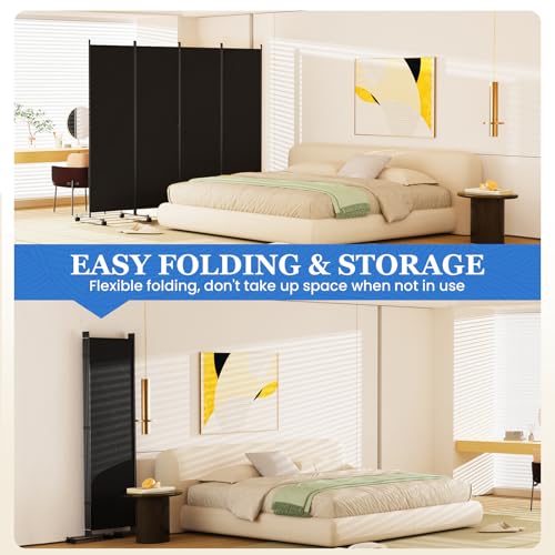 SUNALLY Room Divider 6FT Folding Privacy Screens with Lockable Wheels, 4 Panel Room Partition for Room Separator, 88" W Freestanding Portable Fabric Wall Dividers for Home Dorm Studio Office, Black SUNALLY