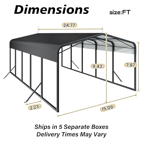 Unovivy 15x25 FT Metal Carport, Large Outdoor Heavy Duty Carport with Galvanized Steel Roof and 4 Support Feet, Spacious Vehicle Shelter for Cars, Boats, RVs, and Outdoor Equipment Unovivy