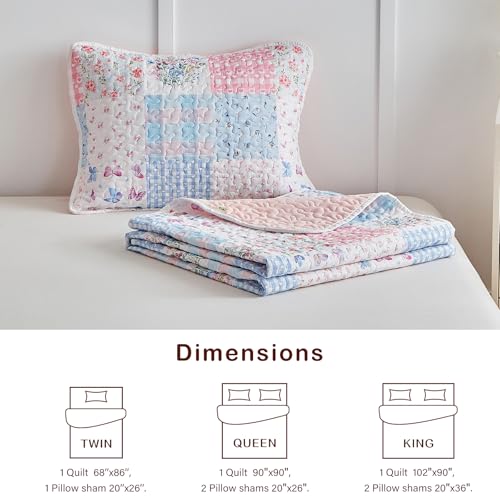Joyreap Twin Size Quilt Set for Girls, Pink n Blue Floral Patchwork Design, 2 Pieces Soft n Cozy Microfiber Quilt, Bedspread Bed Cover for All Season- 68x88 inches Joyreap
