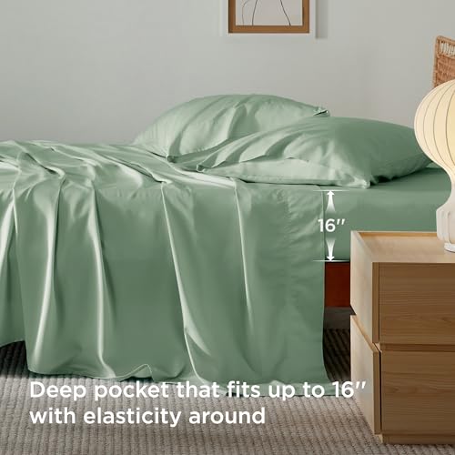 Bedsure Queen Sheet Set, Rayon Derived from Bamboo, Cooling Sheets, Breathable & Soft, Deep Pocket Up to 16 Inches, Hotel Luxury Silky Bedding for Hot Sleepers, Sage Green Bedsure