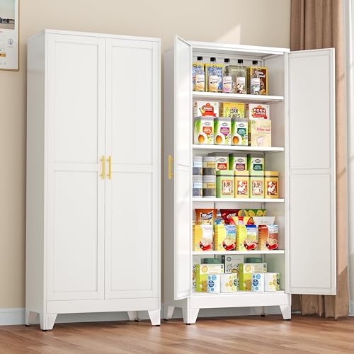 winiowa Metal Pantry Cabinet with 2 Doors and Adjustable Shelves - 71" Kitchen Storage Cabinet with Gold Handles - Versatile Storage for Kitchen, Bathroom, Dining Room, Utility Room - White winiowa