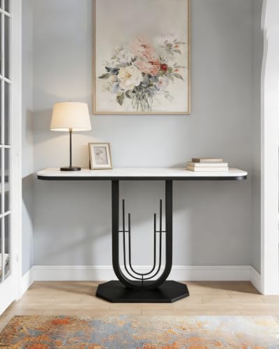 39.37'' Rectangle Narrow Console Table with Marble Top, Elegant Sofa Table Modern Entryway Tables, Round-Shaped Metal Frame, for Entry, Behind Sofa Couch, Entrance, White & Black Metal Base Cre Cra