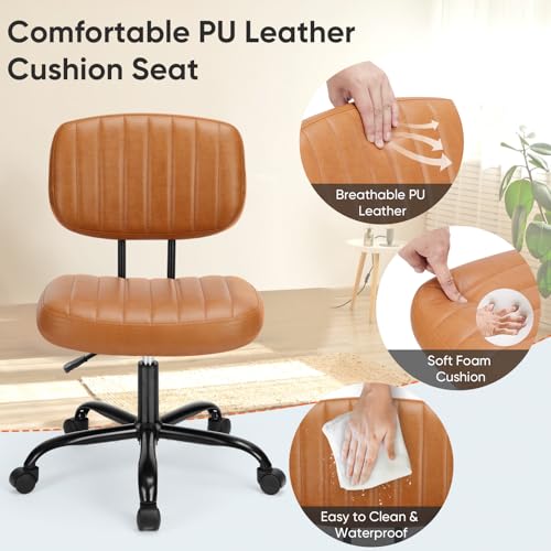 DUMOS Armless Home Office Desk Chair -Small Ergonomic with Low Back Lumbar Support, Height Adjustable PU Leather Computer Task with 360° Swivel Rolling Wheels, for Small Space, Brown DUMOS