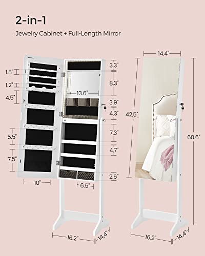 SONGMICS Mirror Jewelry Cabinet Standing Armoire Organizer, Jewelry Storage with Full-Length Frameless LED Lights, Built-in Makeup Mirror, 2 Drawers, Lockable, White UJJC023W01 SONGMICS