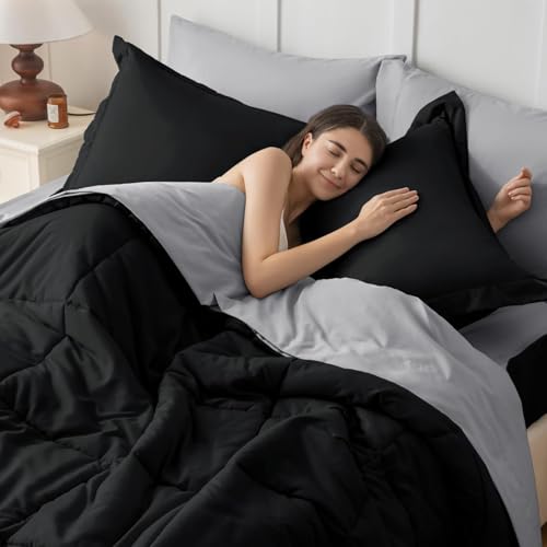 JOLLYVOGUE Queen Comforter Set, Ultra-Soft Bed in a Bag Queen Size 7 Pieces, Oeko-TEX Certified Bedding Set with Down Alternative Comforter, Sheets, Pillowcases & Shams, Black & Light Grey JOLLYVOGUE