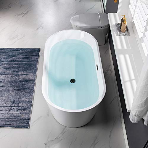 WOODBRIDGE 59" Acrylic Freestanding Bathtub Contemporary Soaking White Tub with Matte Black Overflow and Drain,B0014-MB-Drain &O WOODBRIDGE