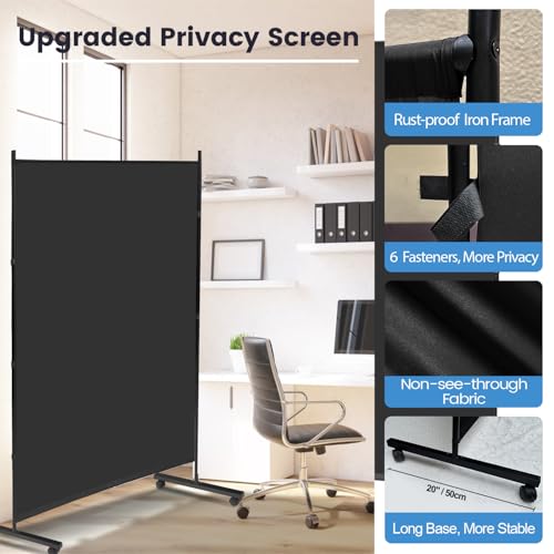 MAYOLIAH Large Single Panel Room Divider on Wheels, 71”W x 75”H Rolling Privacy Screen, Portable Wall Divider for Home Office Partition, Black MAYOLIAH
