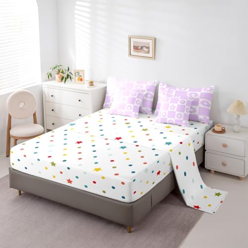 Feelyou Cute Flowers Checked Comforter Set Full 7 PCS Purple White Plaid Bedding Set for Kids Boys Girls Geometric Bed in a Bag with Comforter, Sheets, Pillowcases, Cushion Covers Bedroom Decor Feelyou