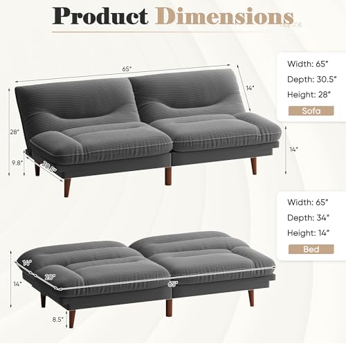 Homall Futon Sofa Bed, Modern Loveseat Futon Couch with Adjustable Backrest and Armrests, Sleeper Sofa Bed with Wood Frame for Living Room, Office, Apartment (Corduroy, Dove Gray) Homall