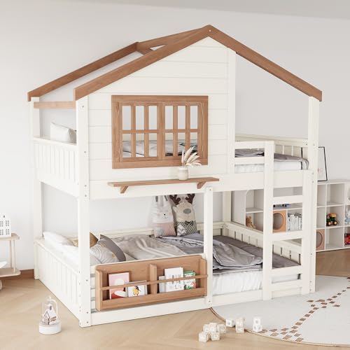 Harper & Bright Designs Full Over Full House Bunk Bed with Window and Roof, Solid Wood Low Bunk Beds with Bookshelf, Ladder and Guardrail, Space Saving for Boys and Girls, Beige & Natural Harper & Bright Designs